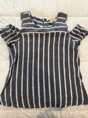 Michael Kors Blue and White Striped Cold-Shoulder Top, size large